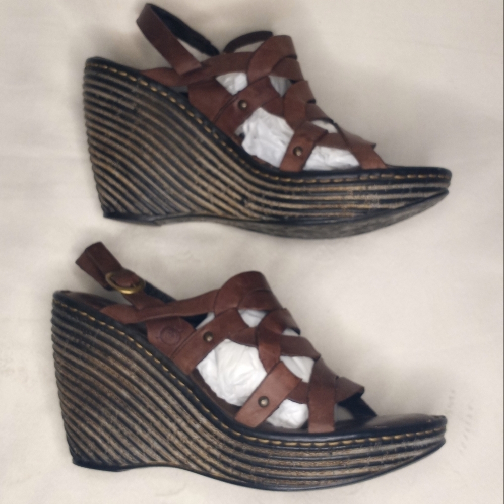 Born Leather Bohemian Woven Strappy Slingback Brown Classic Hippie Wedge Sandals - Picture 5 of 10